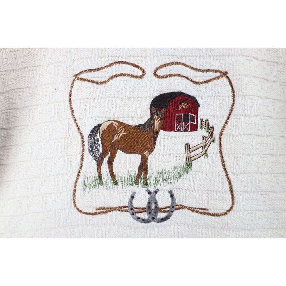 Vintage 90s Cabelas Womens Large Distressed Horse Equestrian Knit Sweater Cream - Picture 4 of 11